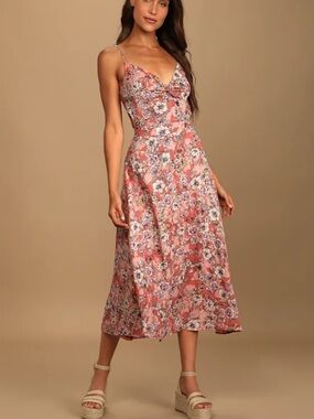 LULUS Ties With You Rose Pink Floral Print Tie-Back Midi Dress